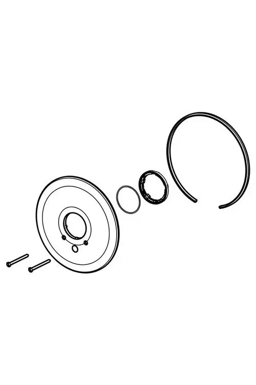 Separates Bauteile-Set der Marke HANSA, bestehend aus einer runden Platte, Ringen und Schrauben, schematisch dargestellt ohne Maßangaben.